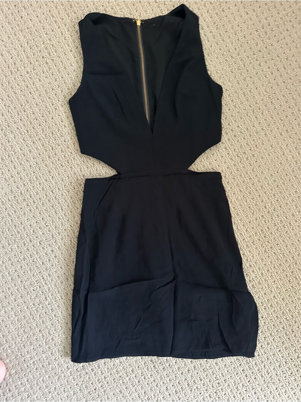 NBD Black Mini Dress with Front Cutout and Gold Zip.